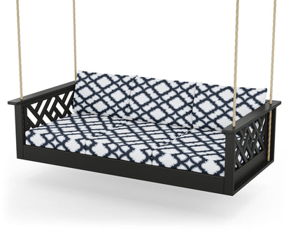 POLYWOOD® Chippendale Daybed Swing in Black / Trellis Marine Indigo