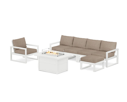 POLYWOOD® EDGE Sectional Lounge and Fire Pit Set in White / Spiced Burlap