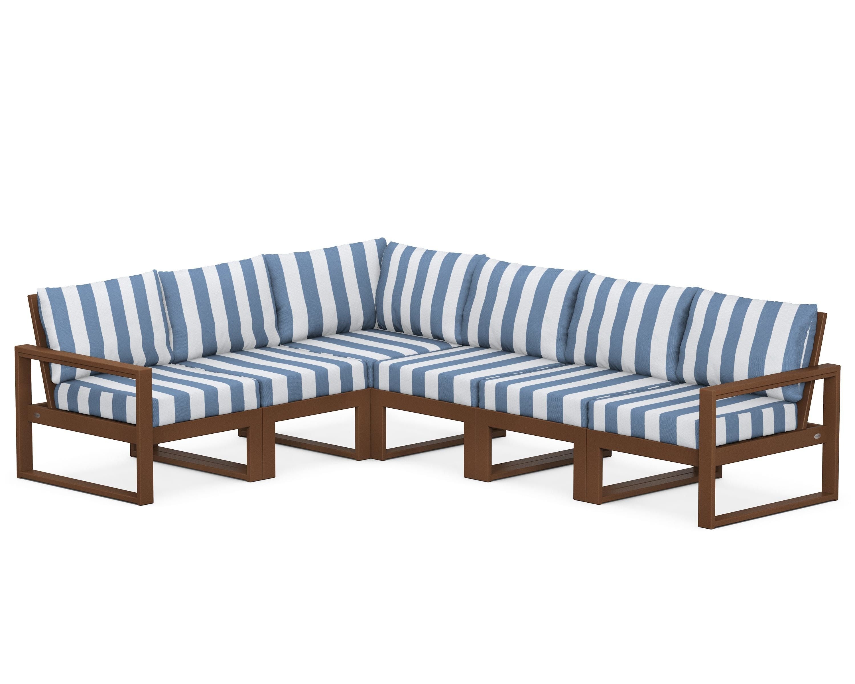 POLYWOOD® EDGE 6-Piece Modular Deep Seating Set in Teak / Cabana Stripe Sky Blue