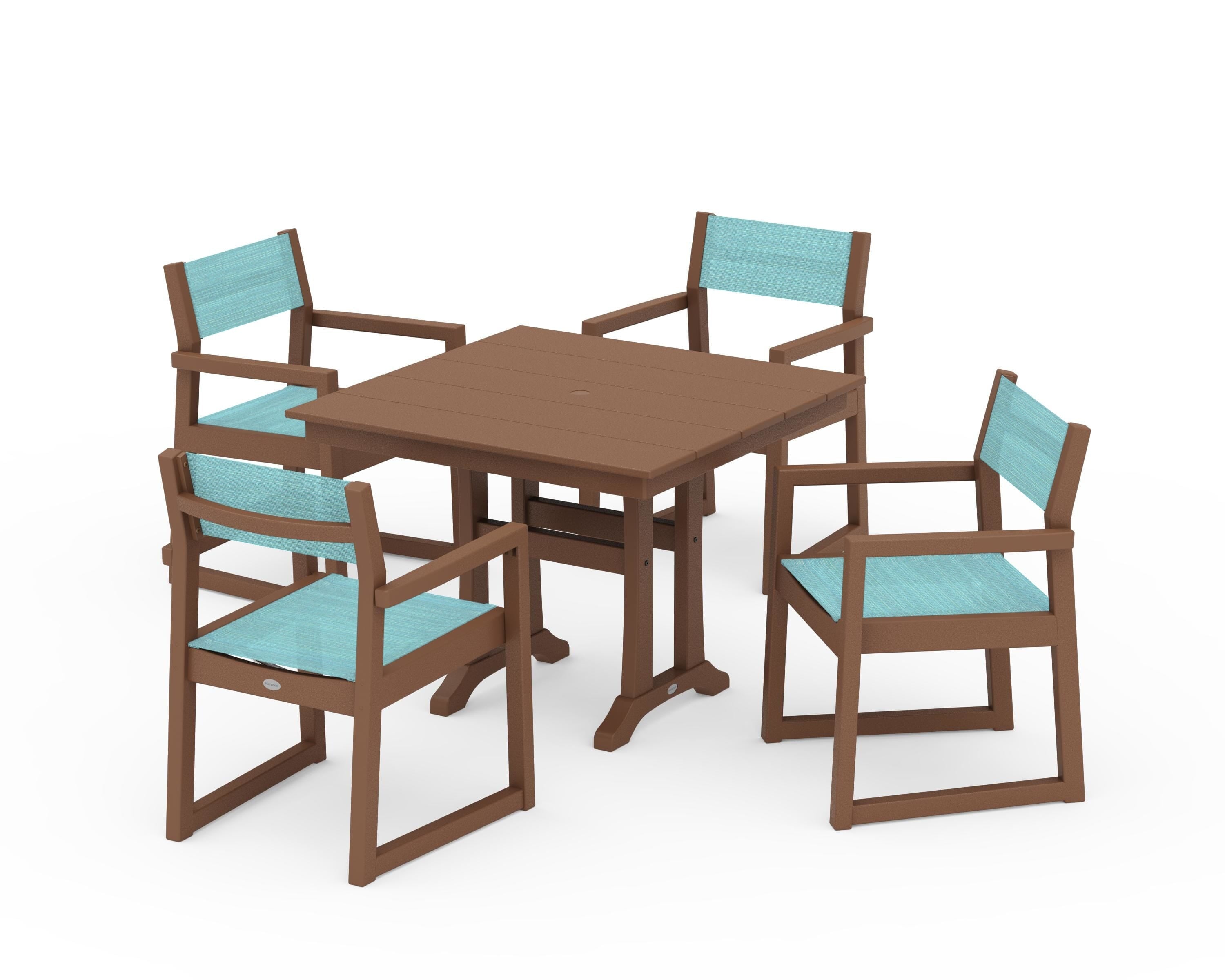 POLYWOOD® EDGE Sling 5-Piece Farmhouse Dining Set with Trestle Legs in Teak / Dupioni Aquamarine Sling