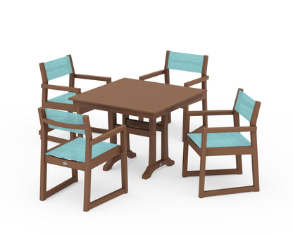 POLYWOOD® EDGE Sling 5-Piece Farmhouse Dining Set with Trestle Legs in Teak / Dupioni Aquamarine Sling