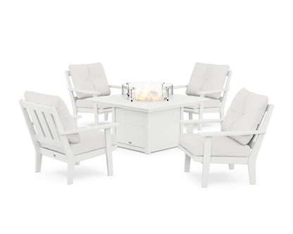 POLYWOOD® Oxford 5-Piece Deep Seating Set with Fire Pit Table in White / Natural Linen