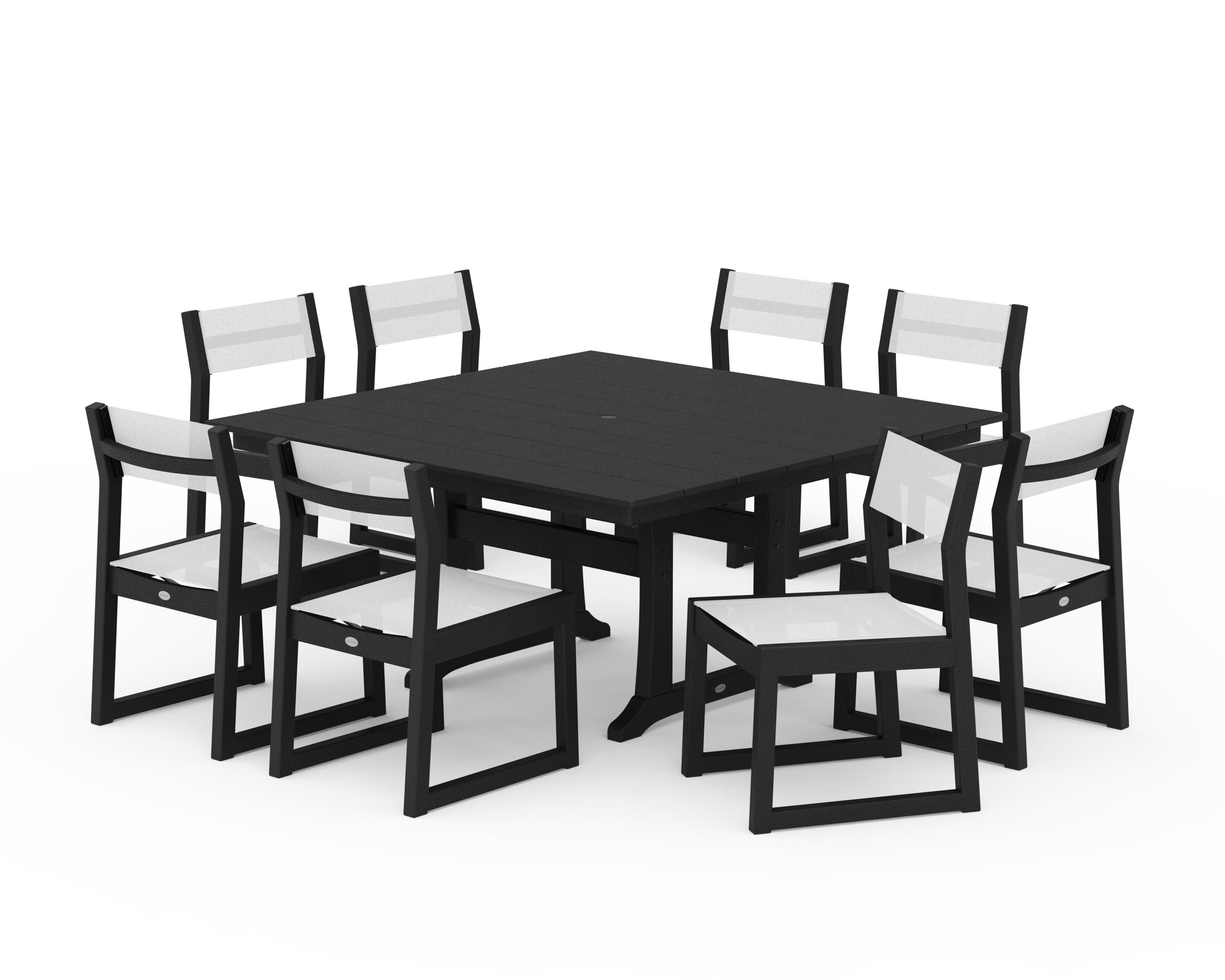 POLYWOOD® EDGE Sling Side Chair 9-Piece Farmhouse Trestle Dining Set in Black / White Sling