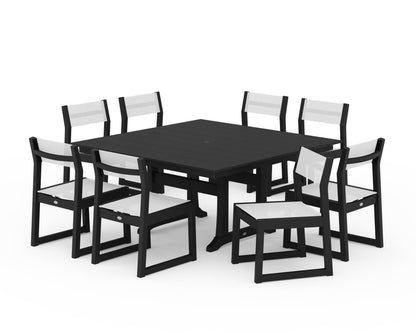 POLYWOOD® EDGE Sling Side Chair 9-Piece Farmhouse Trestle Dining Set in Black / White Sling