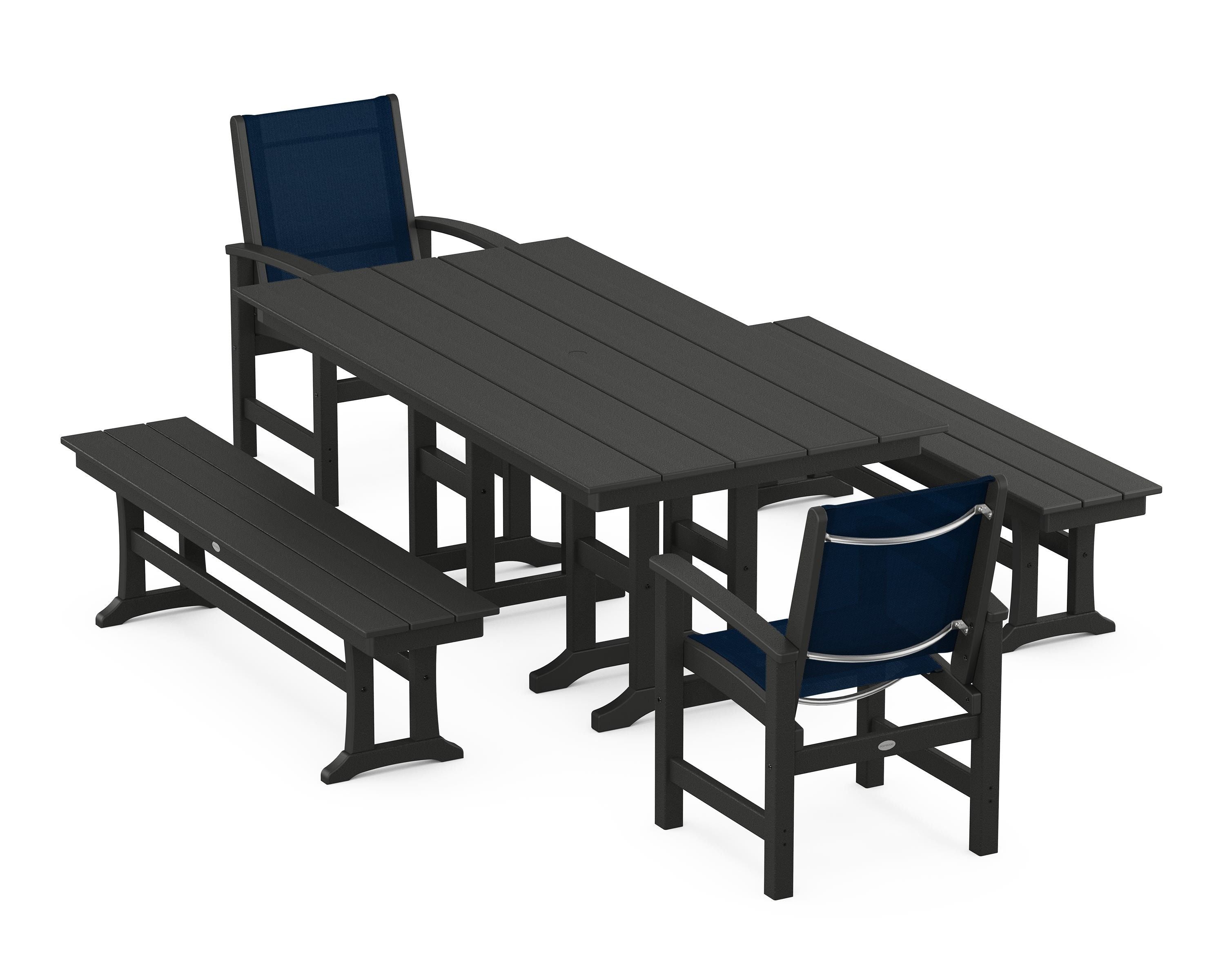 POLYWOOD® Coastal 5-Piece Farmhouse Dining Set in Black / Navy Blue Sling