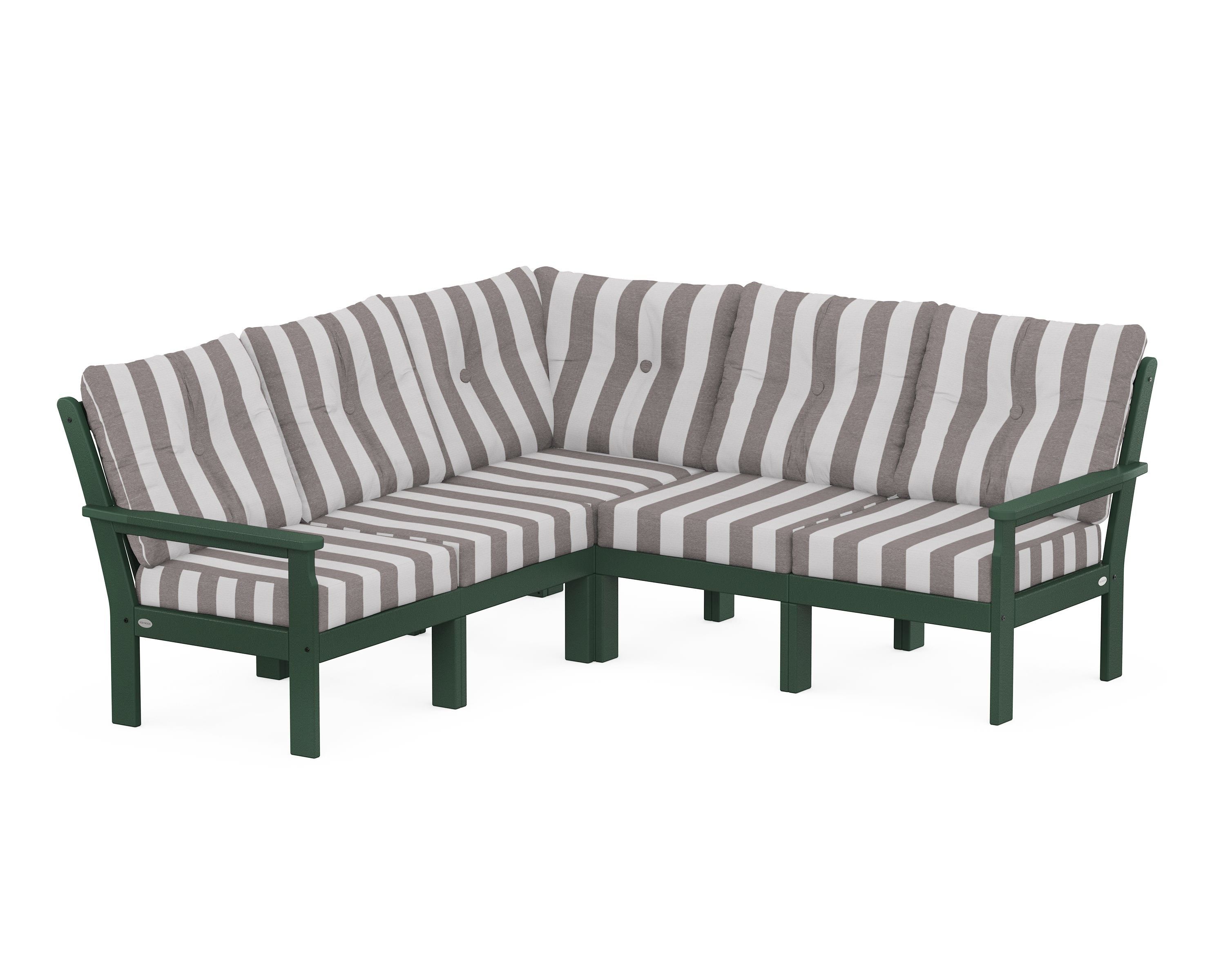 POLYWOOD® Vineyard 5-Piece Sectional in Green / Cabana Stripe Grey Mist