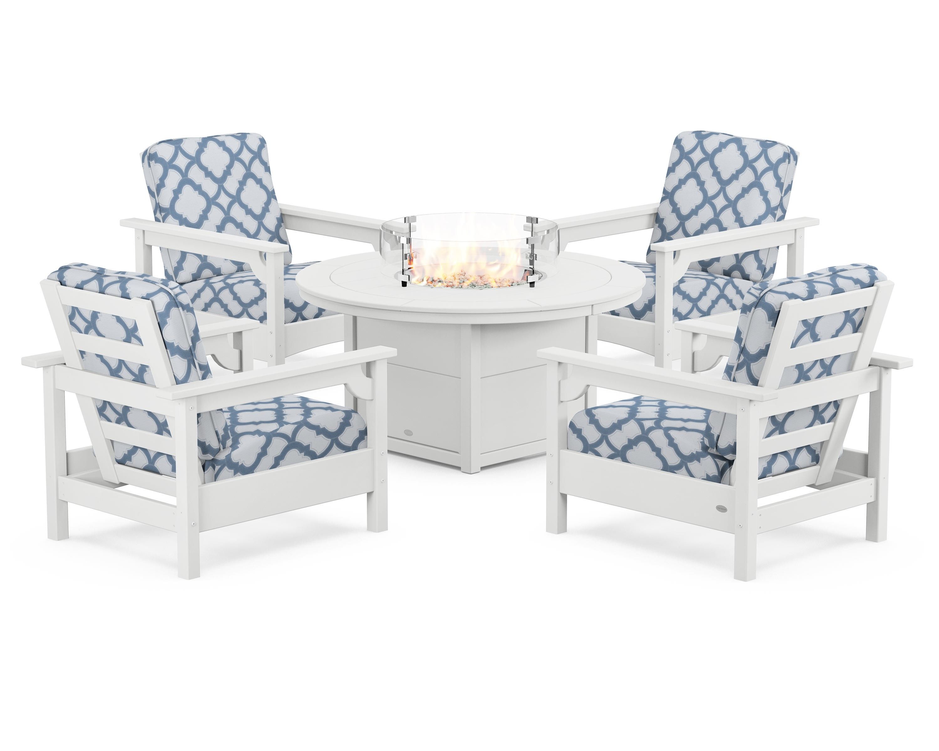 POLYWOOD® Club 5-Piece Conversation Set with Fire Pit Table in White / Trellis Sky Blue
