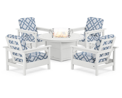 POLYWOOD® Club 5-Piece Conversation Set with Fire Pit Table in White / Trellis Sky Blue