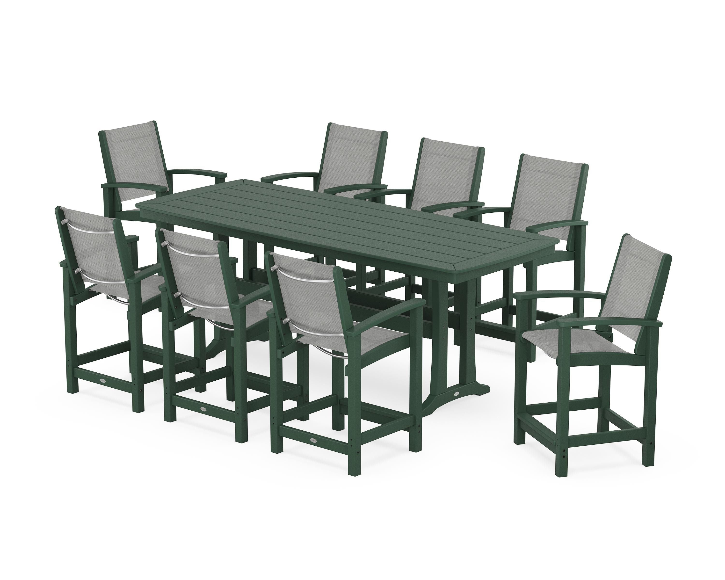 POLYWOOD® Coastal 9-Piece Counter Set with Trestle Legs in Green / Metallic Sling
