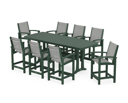 POLYWOOD® Coastal 9-Piece Counter Set with Trestle Legs in Green / Metallic Sling