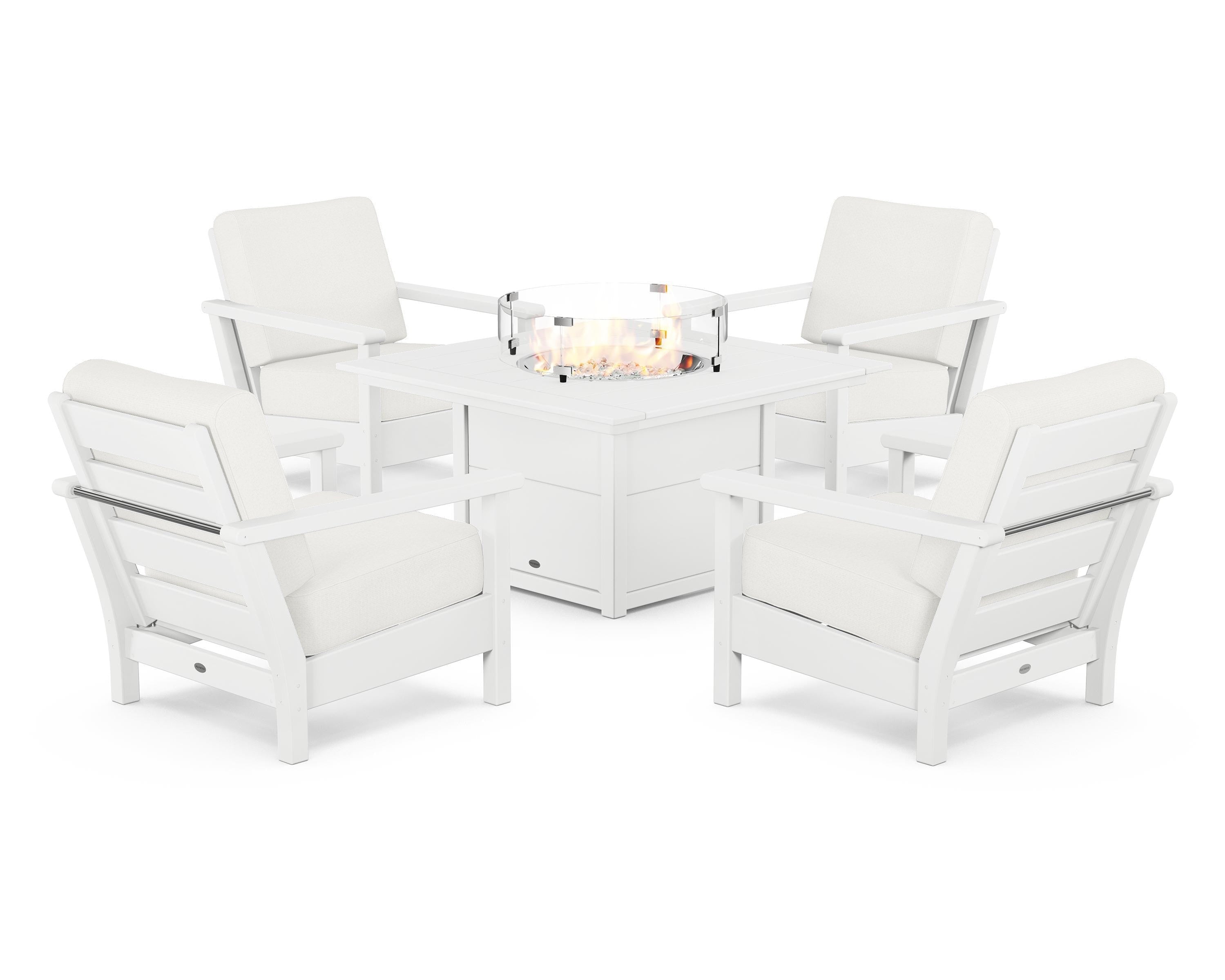 POLYWOOD® Harbour 5-Piece Conversation Set with Fire Pit Table in White / Natural Linen