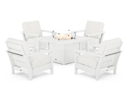 POLYWOOD® Harbour 5-Piece Conversation Set with Fire Pit Table in White / Natural Linen