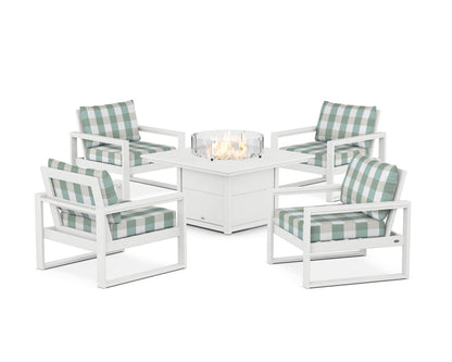 POLYWOOD® EDGE Sectional 5-Piece Deep Seating Set with Fire Pit Table in White / Buffalo Plaid Glacier Spa