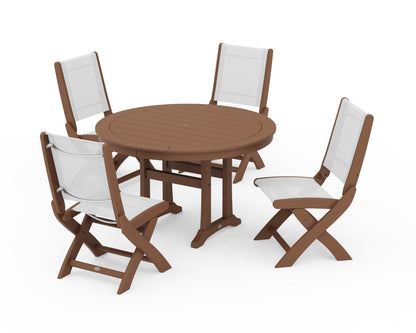 POLYWOOD® Coastal Folding Side Chair 5-Piece Round Dining Set With Trestle Legs in Teak / White Sling