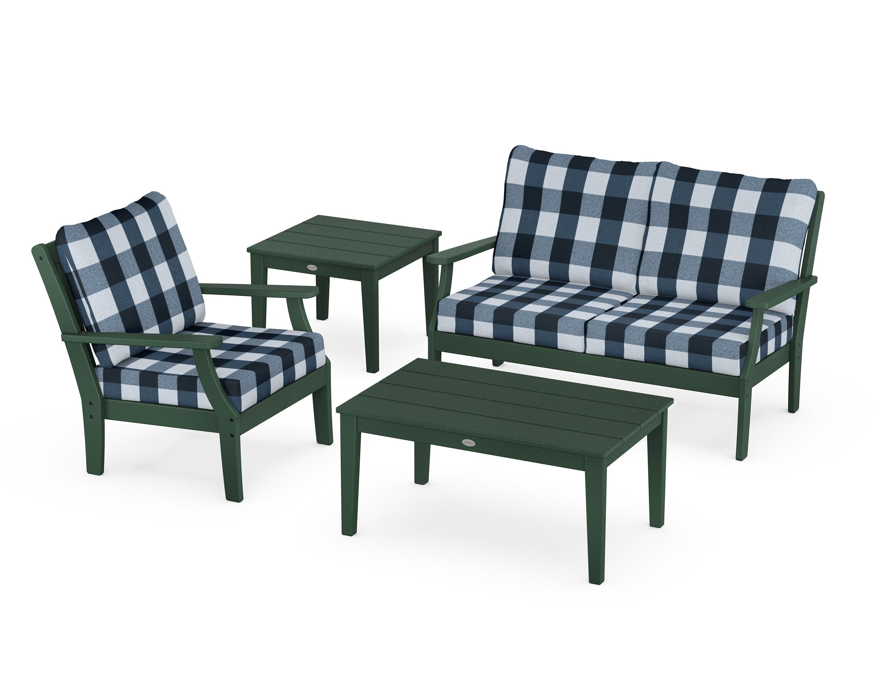 POLYWOOD® Braxton 4-Piece Deep Seating Set in Green / Buffalo Plaid Marine Indigo