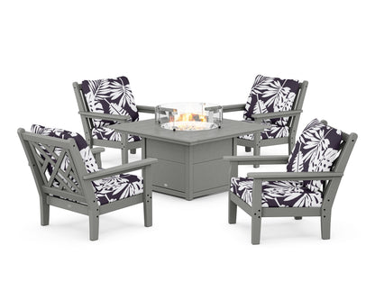 POLYWOOD® Chippendale 5-Piece Deep Seating Set with Fire Pit Table in Slate Grey / Leaf Navy