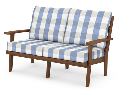 POLYWOOD® Grant Park Deep Seating Loveseat in Teak / Buffalo Plaid Sky Blue