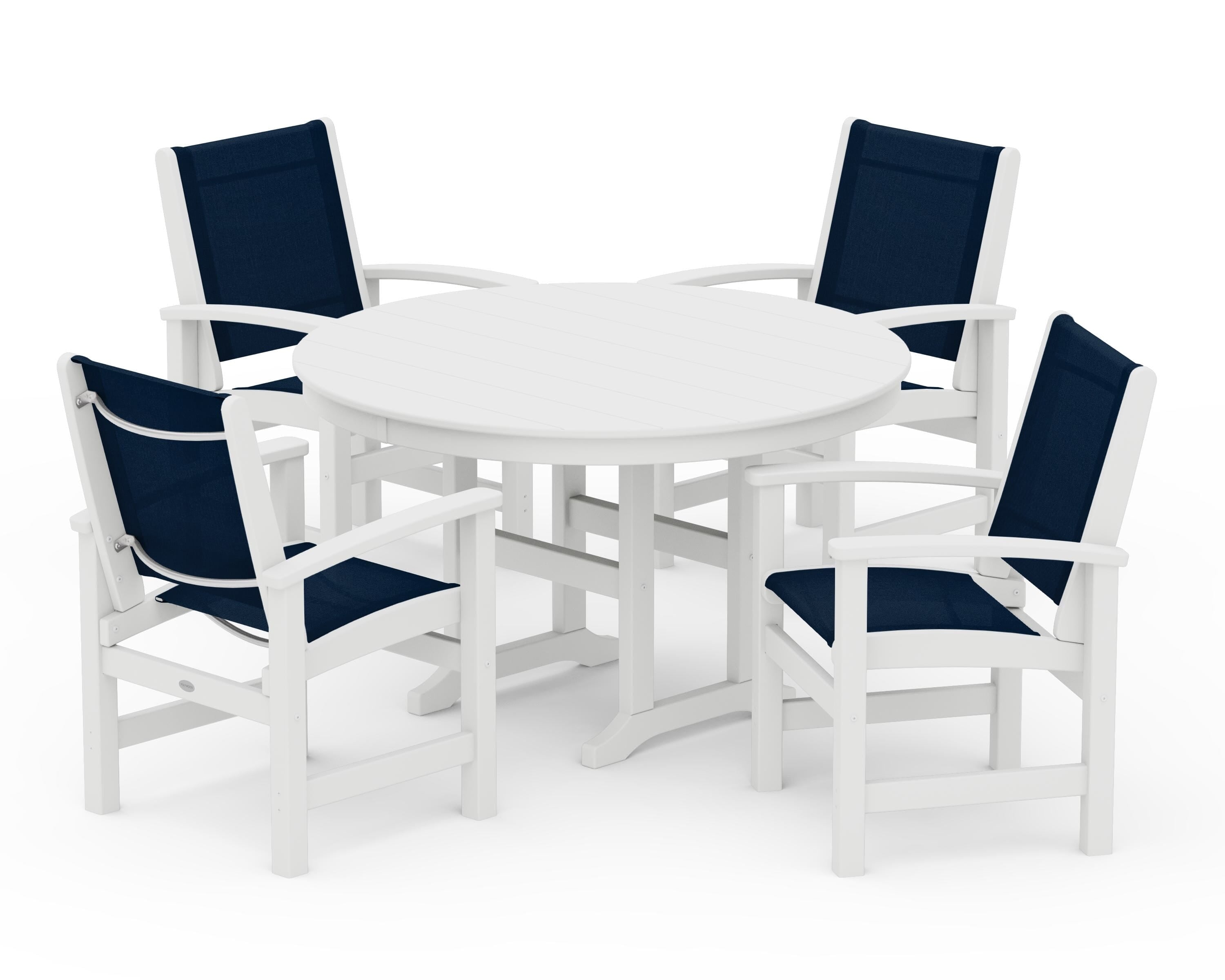 POLYWOOD® Coastal 5-Piece Round Farmhouse Dining Set in White / Navy Blue Sling