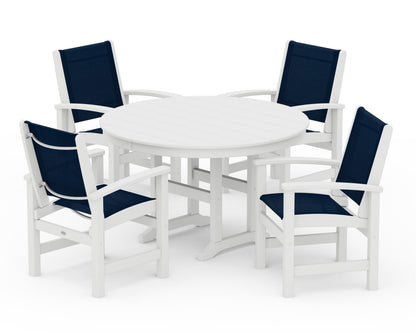 POLYWOOD® Coastal 5-Piece Round Farmhouse Dining Set in White / Navy Blue Sling
