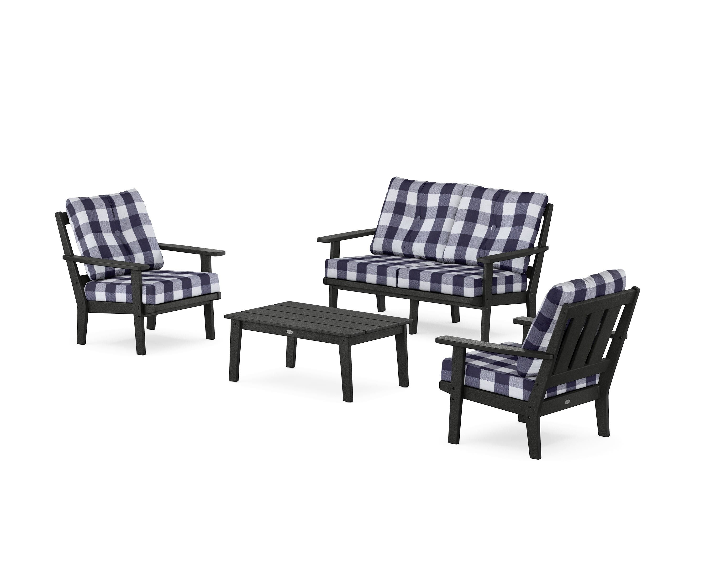 POLYWOOD® Oxford 4-Piece Deep Seating Set with Loveseat in Black / Buffalo Plaid Navy
