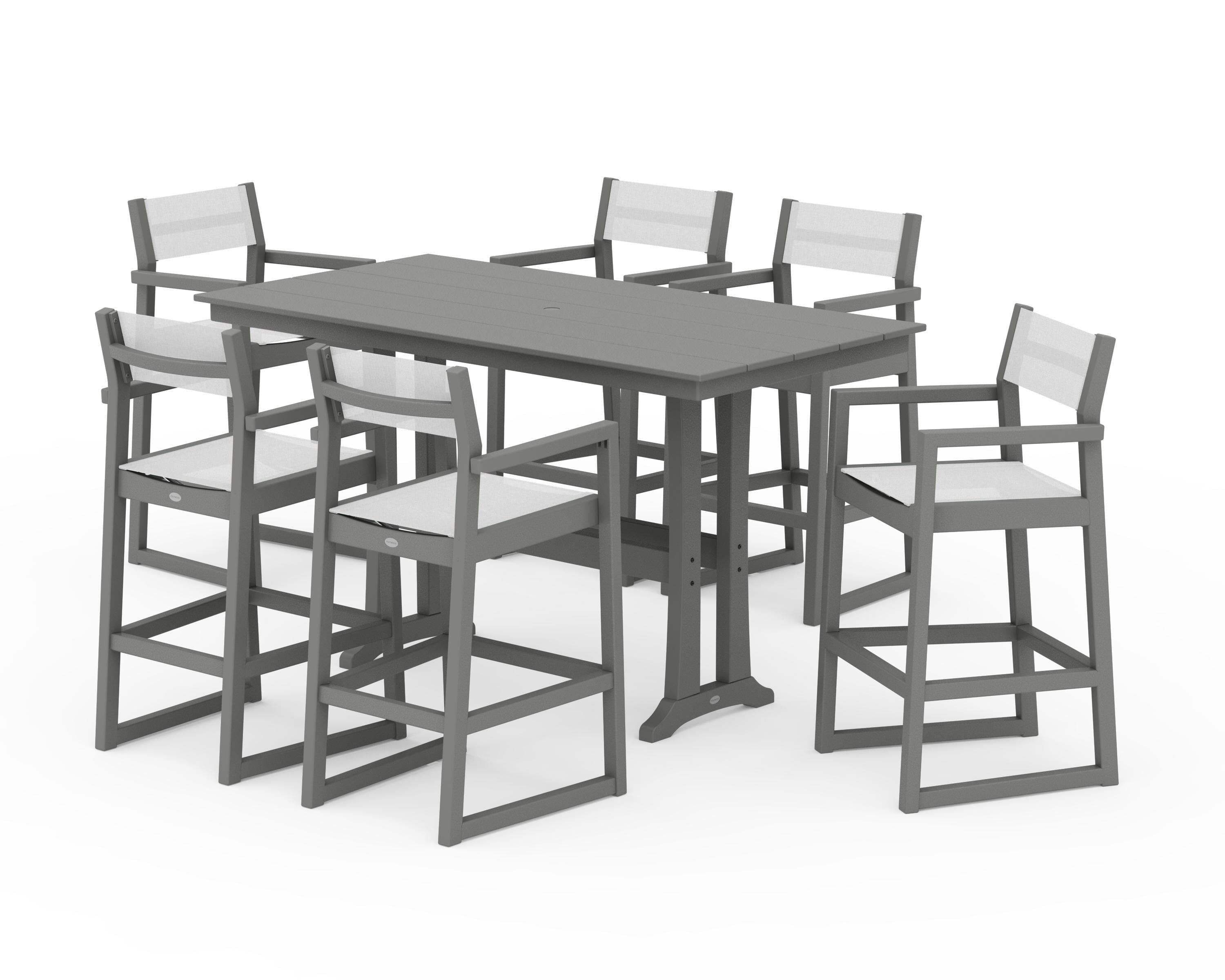 POLYWOOD® EDGE Sling Arm Chair 7-Piece Farmhouse Bar Set with Trestle Legs in Slate Grey / White Sling