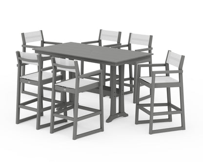POLYWOOD® EDGE Sling Arm Chair 7-Piece Farmhouse Bar Set with Trestle Legs in Slate Grey / White Sling