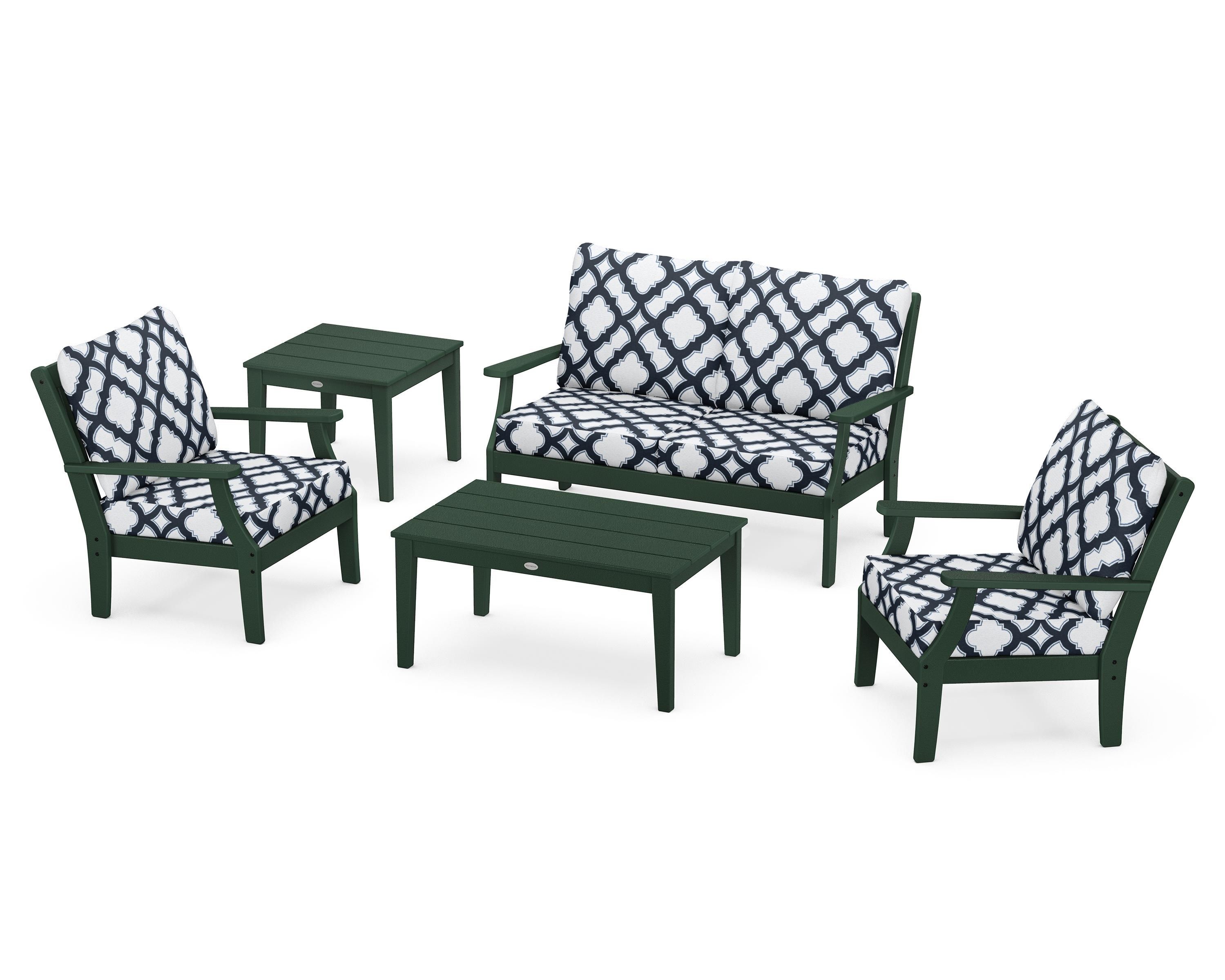 POLYWOOD® Braxton 5-Piece Deep Seating Set in Green / Trellis Marine Indigo