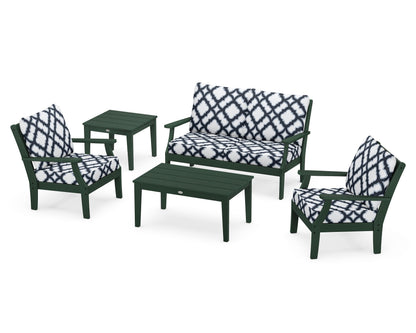 POLYWOOD® Braxton 5-Piece Deep Seating Set in Green / Trellis Marine Indigo