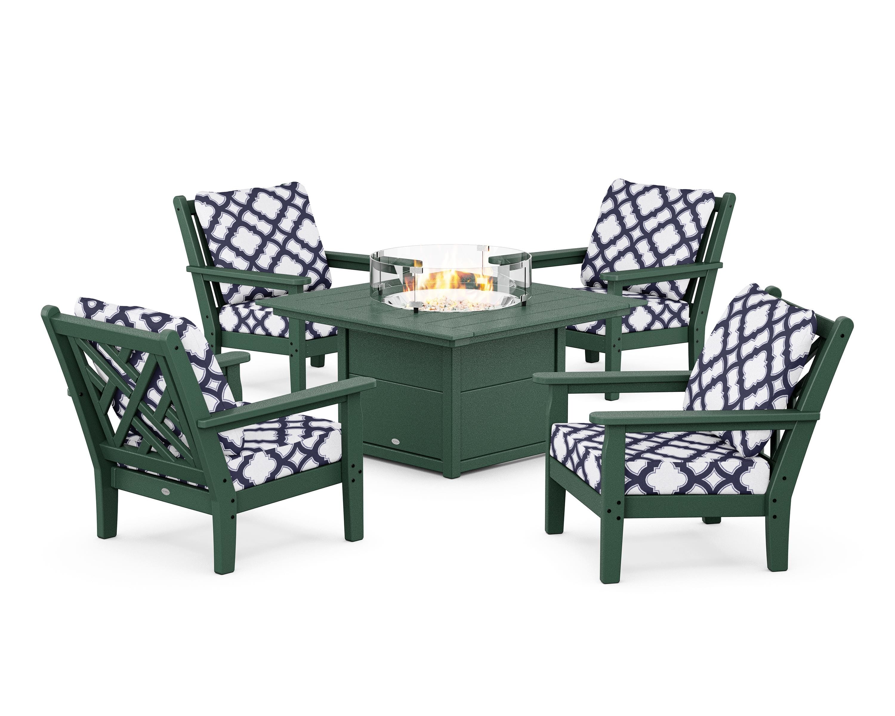 POLYWOOD® Chippendale 5-Piece Deep Seating Set with Fire Pit Table in Green / Trellis Navy