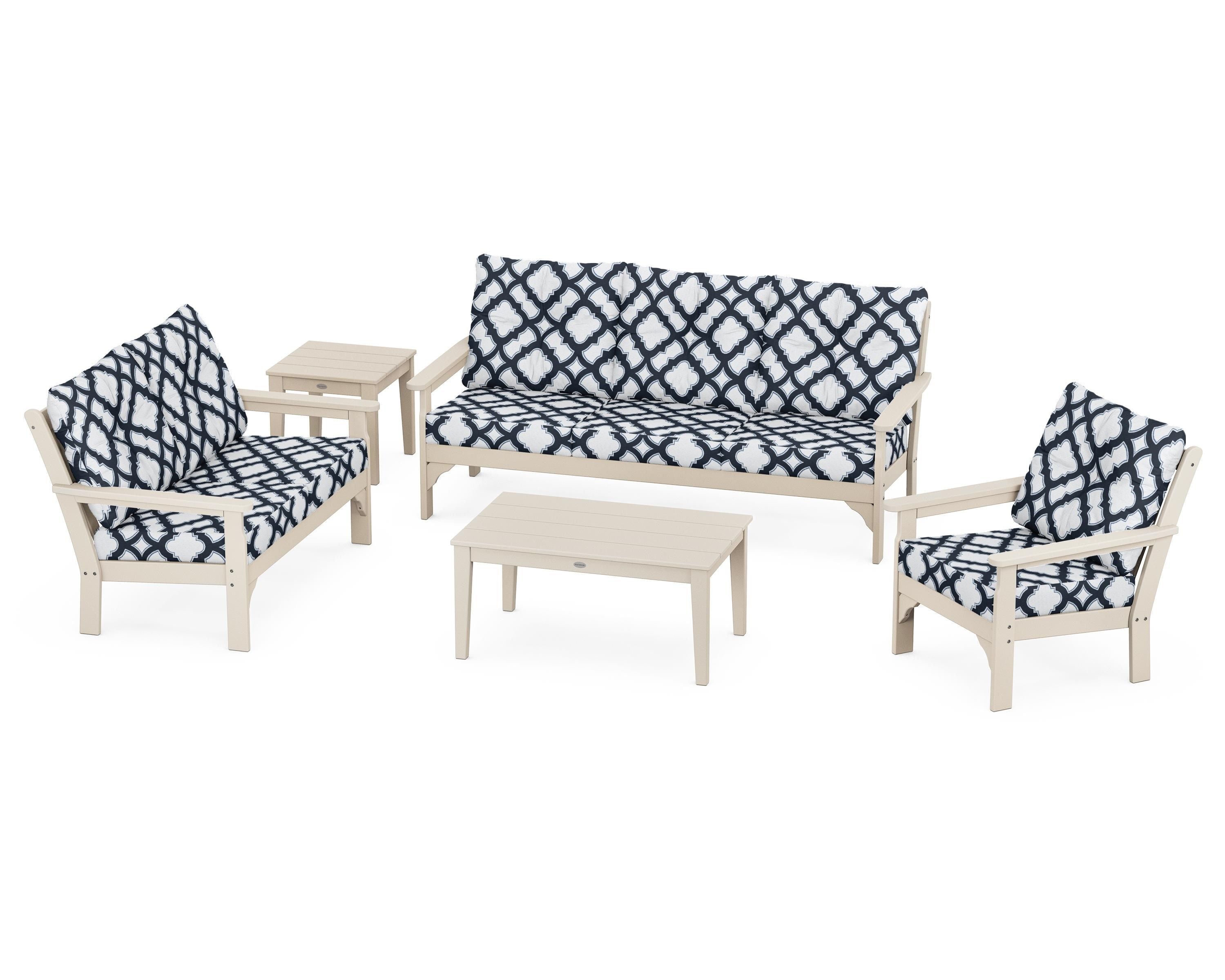 POLYWOOD® Vineyard 5 Piece Deep Seating Set in Sand / Trellis Marine Indigo