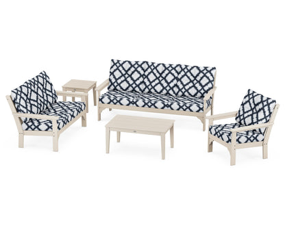 POLYWOOD® Vineyard 5 Piece Deep Seating Set in Sand / Trellis Marine Indigo
