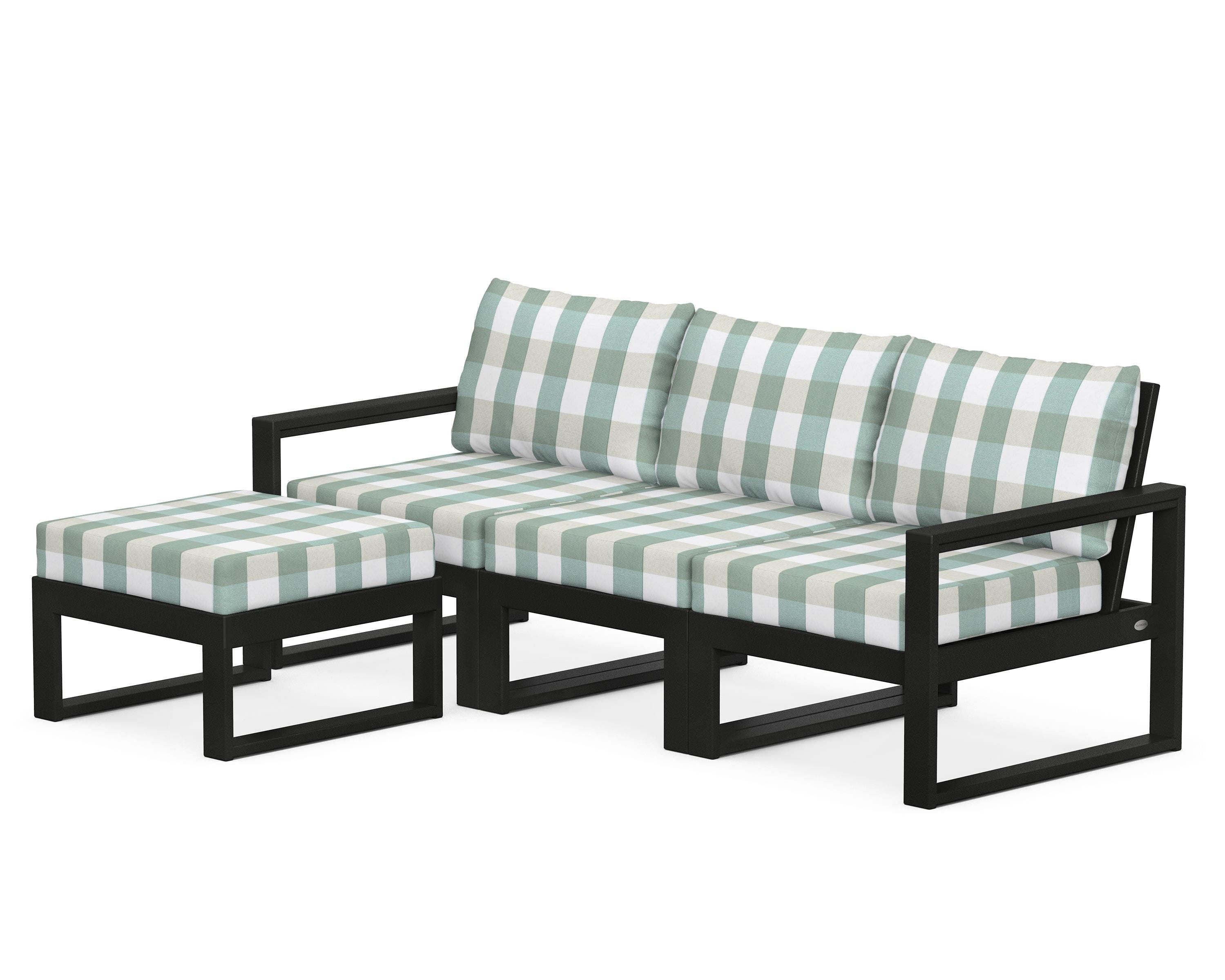 POLYWOOD® EDGE 4-Piece Modular Deep Seating Set with Ottoman in Black / Buffalo Plaid Glacier Spa