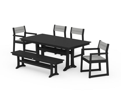 POLYWOOD® EDGE Sling 6-Piece Farmhouse Dining Set With Trestle Legs in Black / Metallic Sling