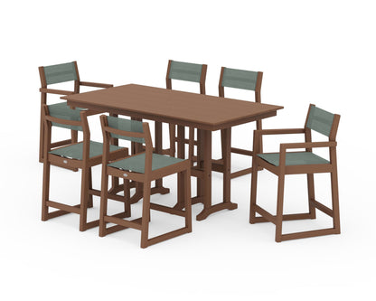 POLYWOOD® EDGE Sling 7-Piece Farmhouse Counter Set in Teak / Dupioni Sea Mist Sling