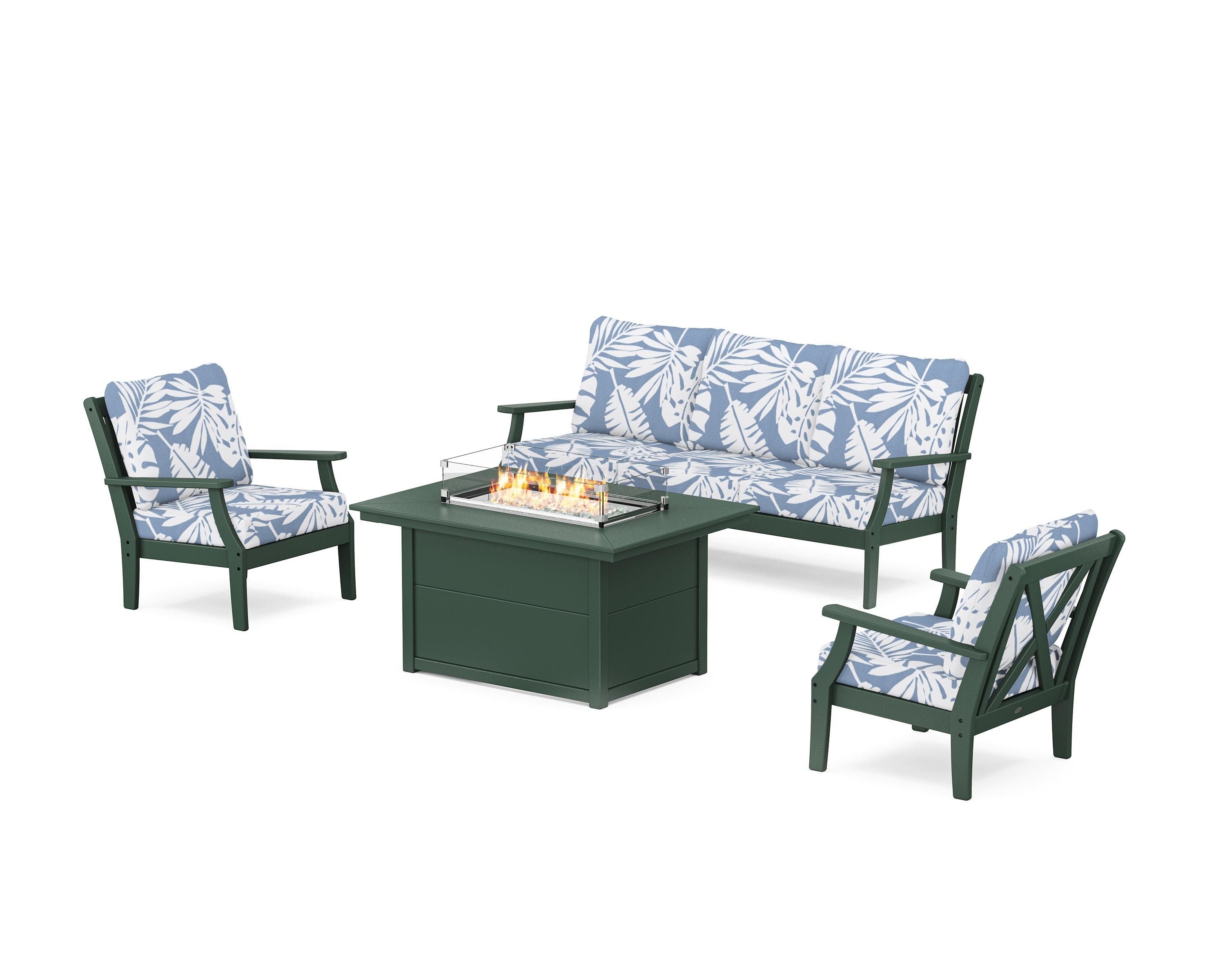 POLYWOOD® Braxton Deep Seating Fire Pit Table Set in Green / Leaf Sky Blue