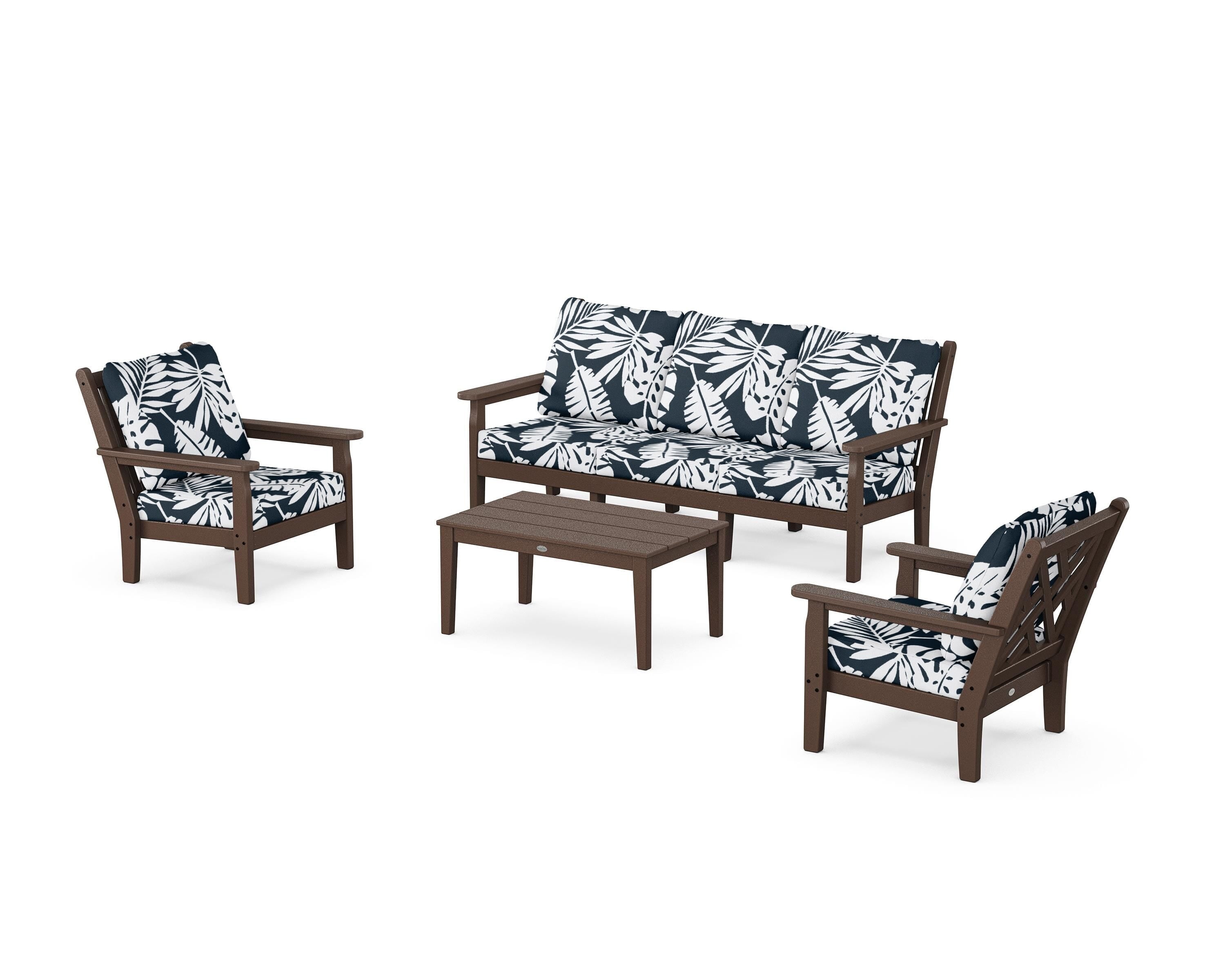 POLYWOOD® Chippendale 4-Piece Deep Seating Set with Sofa in Mahogany / Leaf Marine Indigo