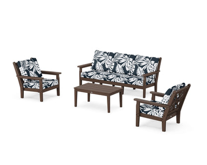 POLYWOOD® Chippendale 4-Piece Deep Seating Set with Sofa in Mahogany / Leaf Marine Indigo