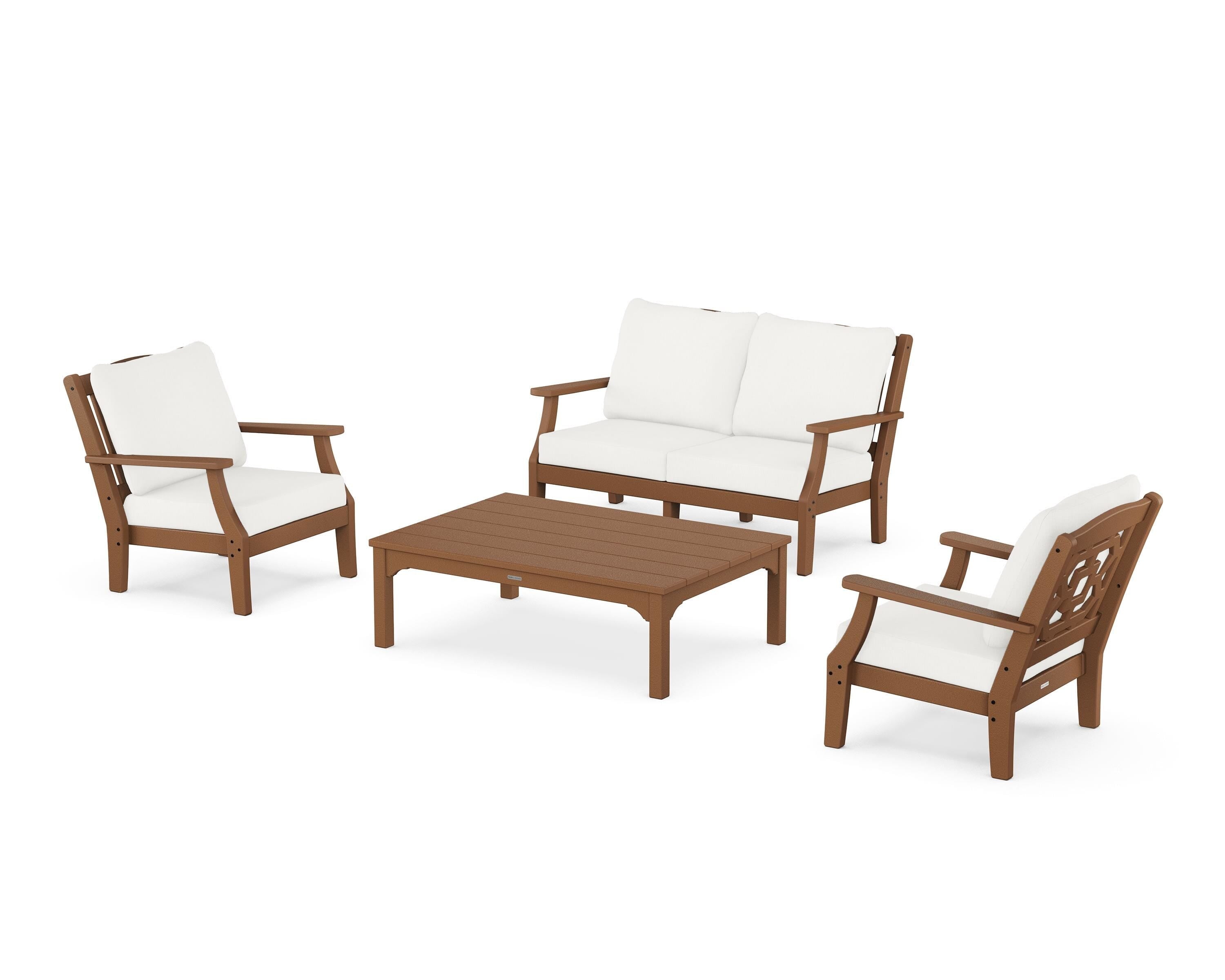 Martha Stewart by POLYWOOD® Chinoiserie 4-Piece Deep Seating Set with Loveseat in Teak / Natural Linen
