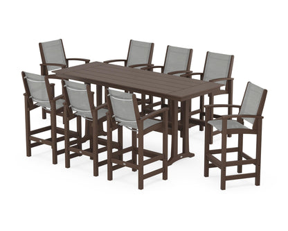POLYWOOD® Coastal 9-Piece Farmhouse Bar Set with Trestle Legs in Mahogany / Metallic Sling