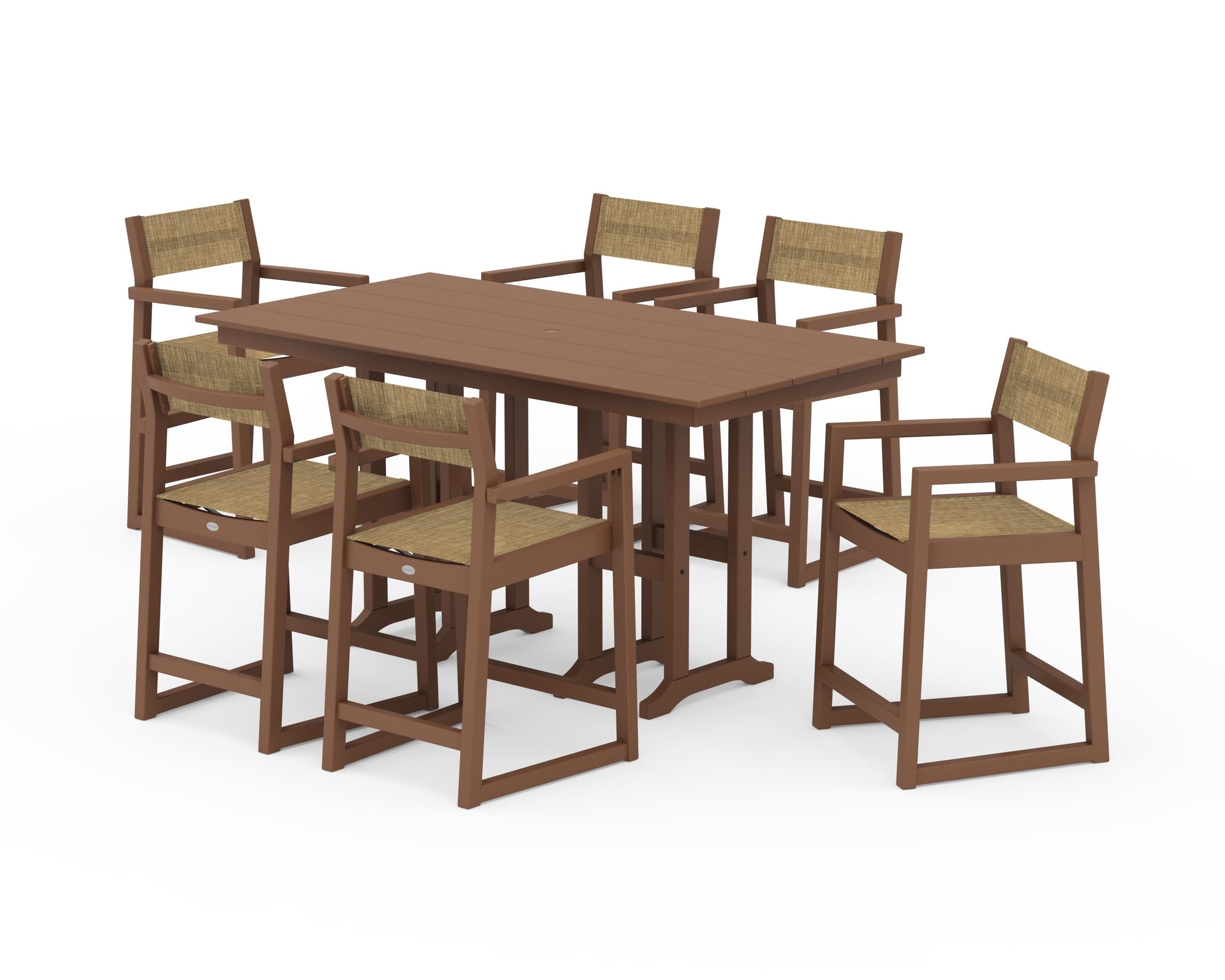 POLYWOOD® EDGE Sling Arm Chair 7-Piece Farmhouse Counter Set in Teak / Burlap Sling