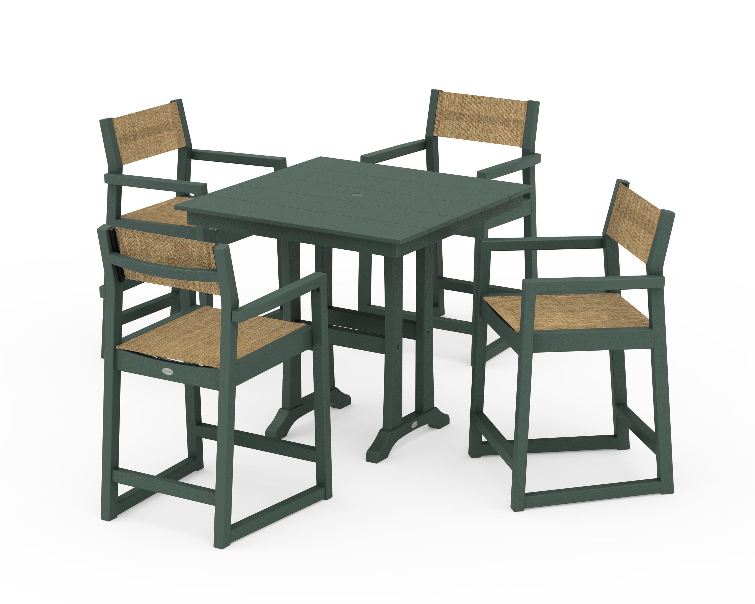POLYWOOD® EDGE Sling Arm Chair 5-Piece Farmhouse Counter Set with Trestle Legs in Green / Burlap Sling
