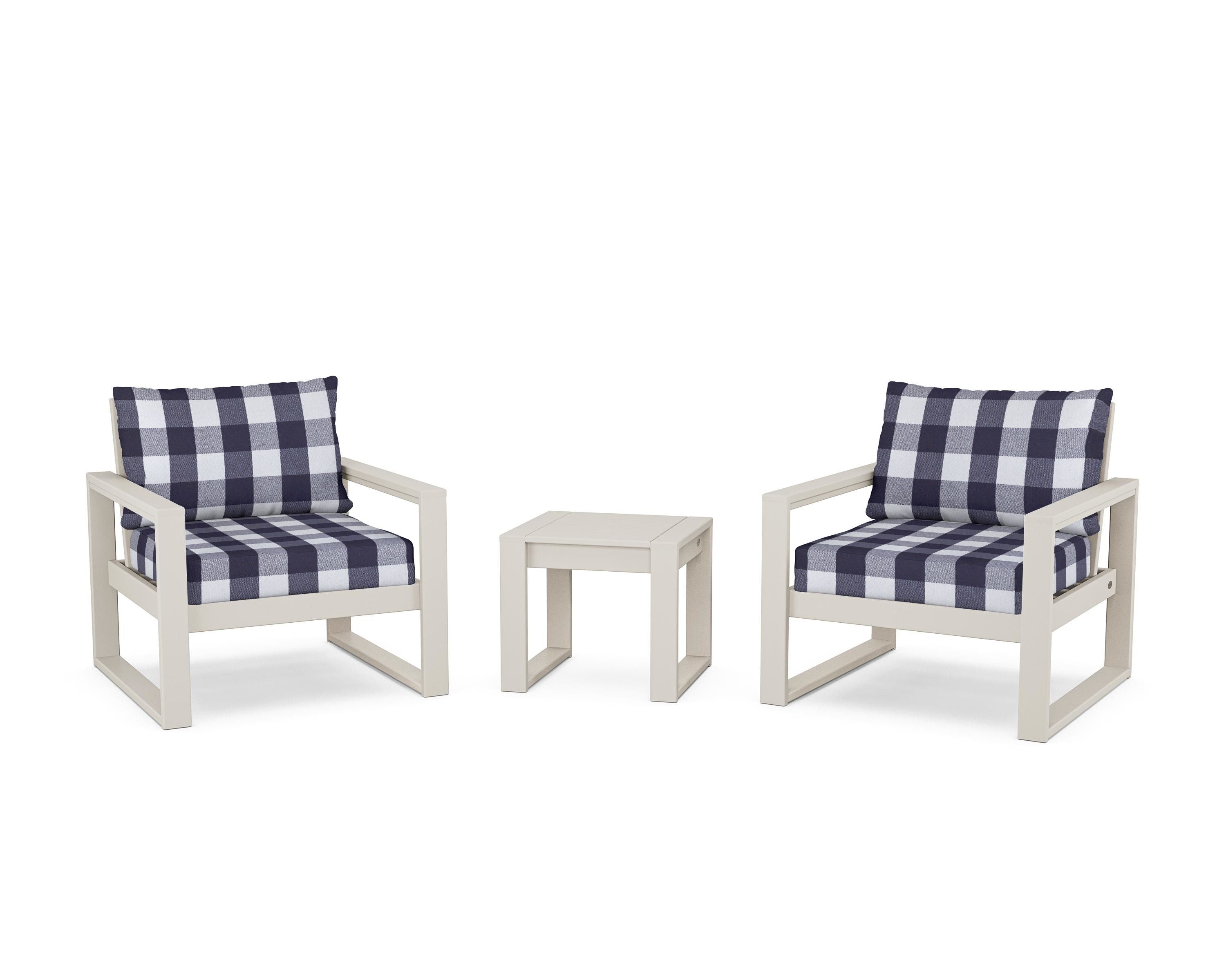 POLYWOOD® EDGE Sectional 3-Piece Deep Seating Set in Sand / Buffalo Plaid Navy