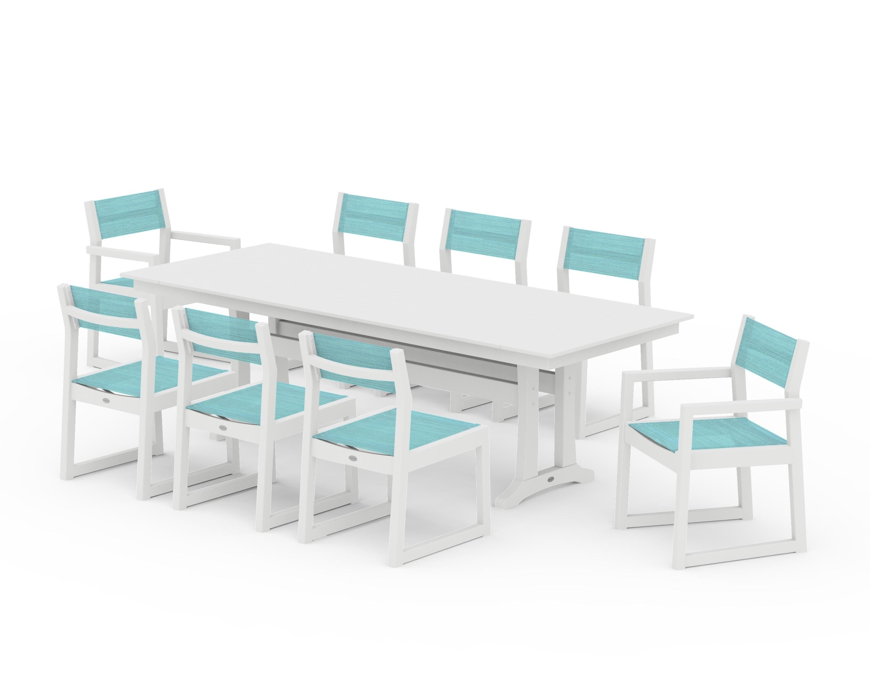 POLYWOOD® EDGE Sling 9-Piece Farmhouse Trestle Dining Set in White / Dupioni Aquamarine Sling