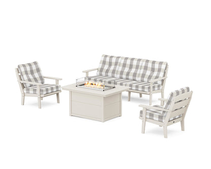 POLYWOOD® Lakeside Deep Seating Fire Pit Table Set in Sand / Buffalo Plaid Grey Mist