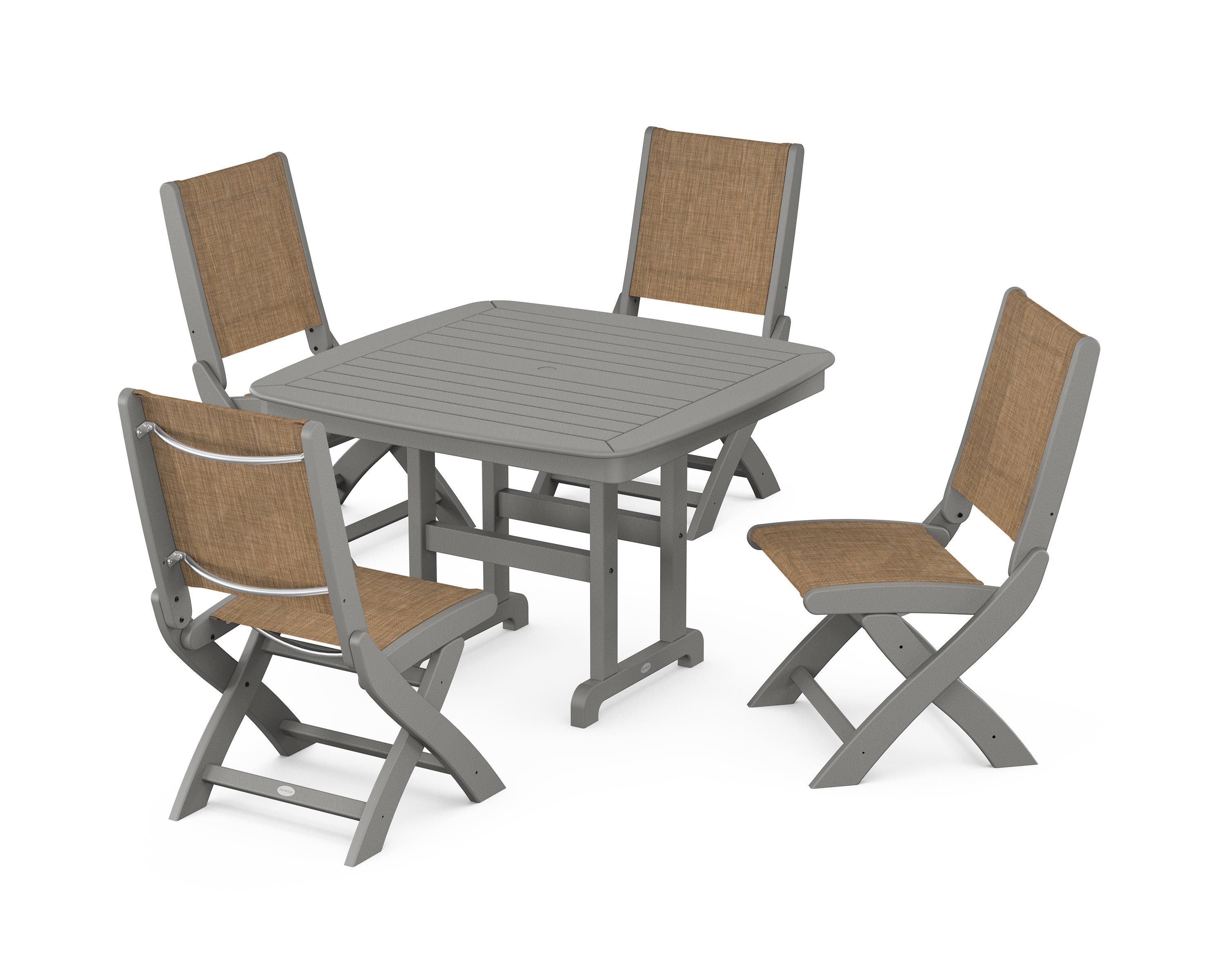 POLYWOOD® Coastal Folding Side Chair 5-Piece Dining Set in Slate Grey / Burlap Sling