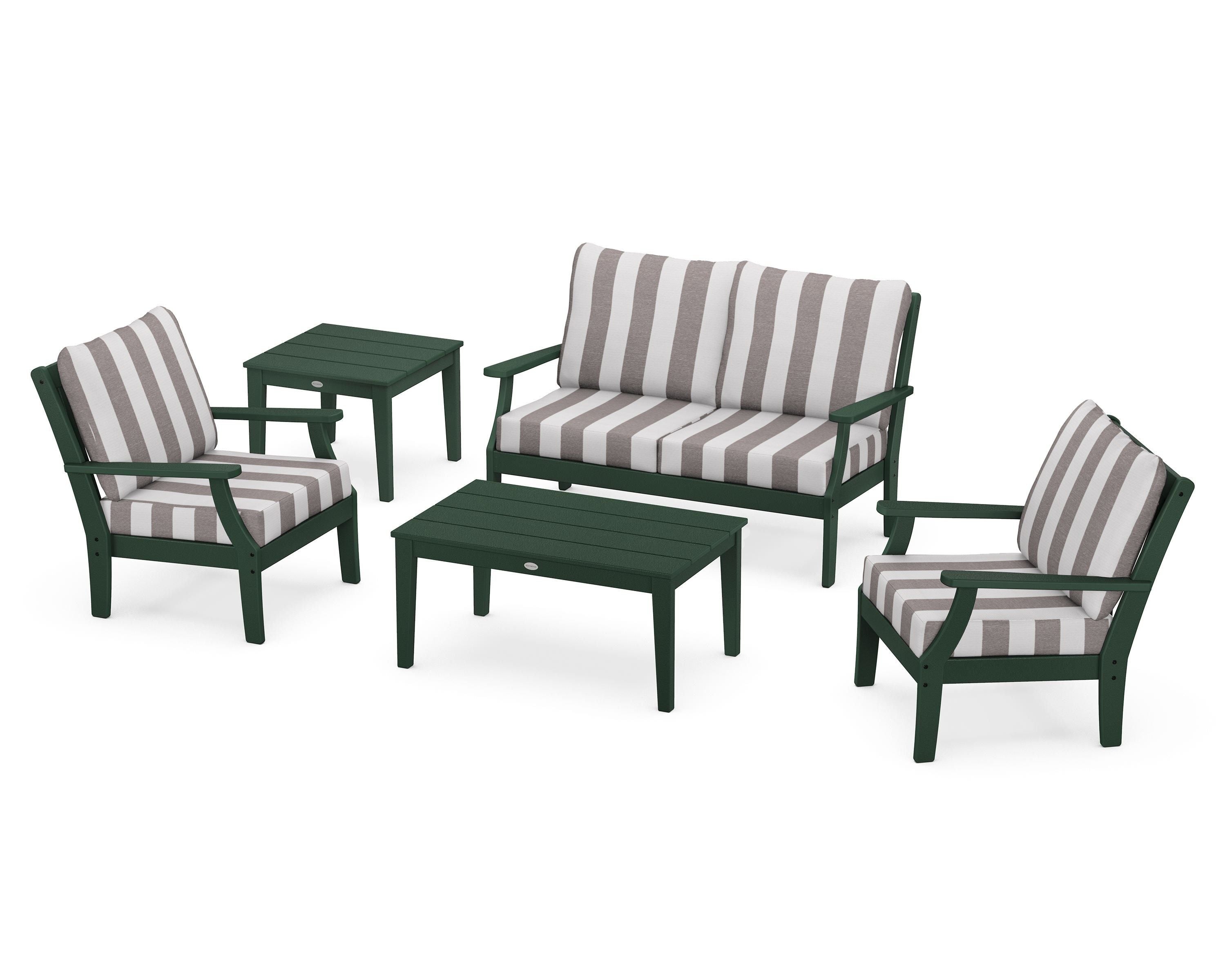 POLYWOOD® Braxton 5-Piece Deep Seating Set in Green / Cabana Stripe Grey Mist