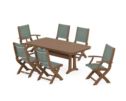 POLYWOOD® Coastal Folding Chair 7-Piece Dining Set with Trestle Legs in Teak / Dupioni Sea Mist Sling