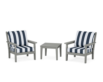 POLYWOOD® Chippendale 3-Piece Deep Seating Set in Slate Grey / Cabana Stripe Marine Indigo