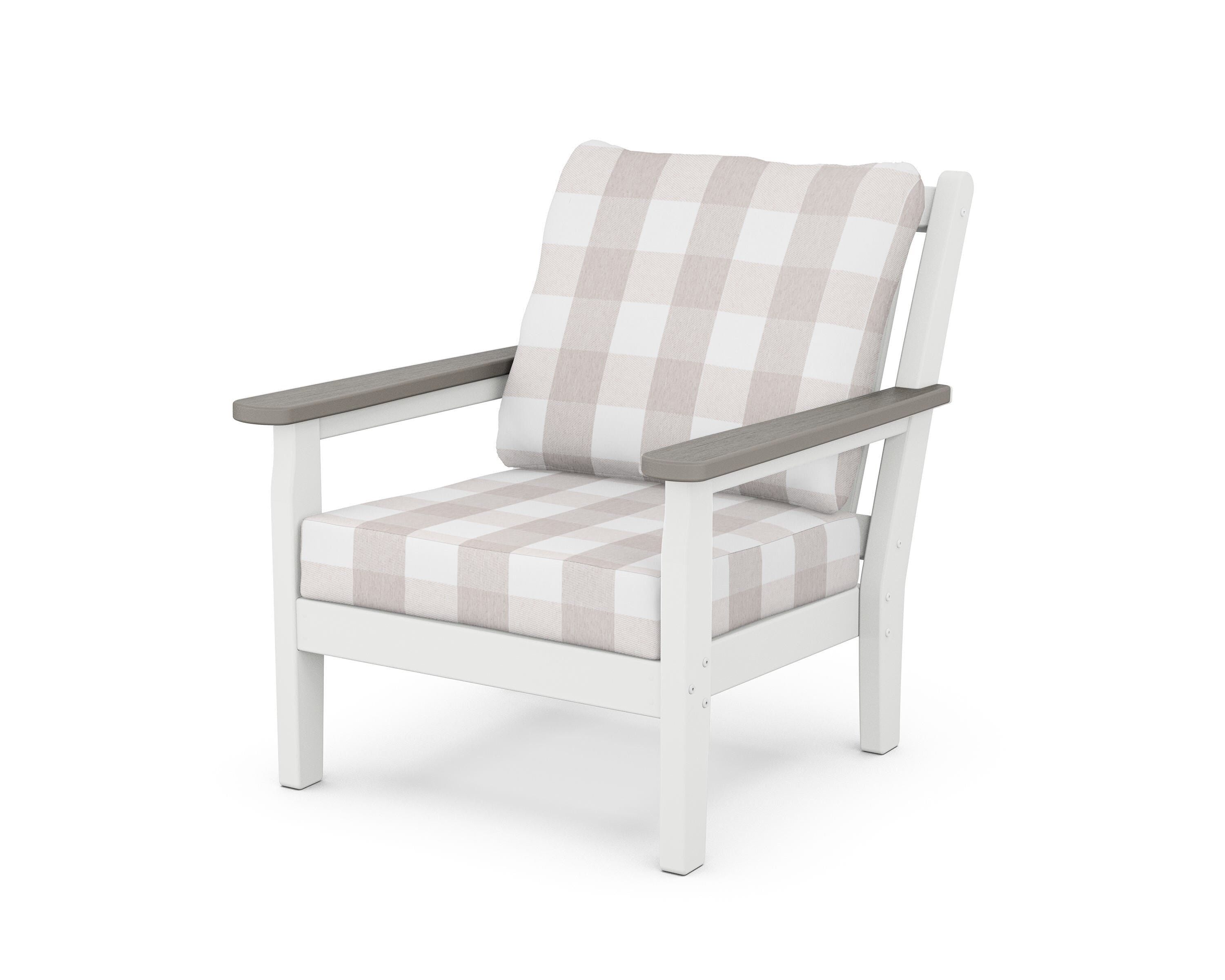 POLYWOOD® Chippendale Deep Seating Chair in White / Driftwood / Buffalo Plaid Dune Burlap