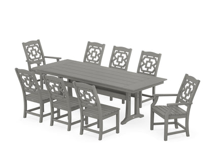 Martha Stewart by POLYWOOD® Chinoiserie 9-Piece Farmhouse Dining Set with Trestle Legs in Slate Grey